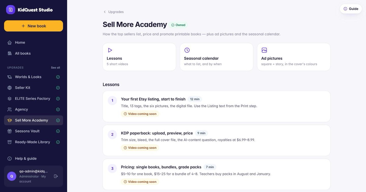 The Academy page with the lesson list.