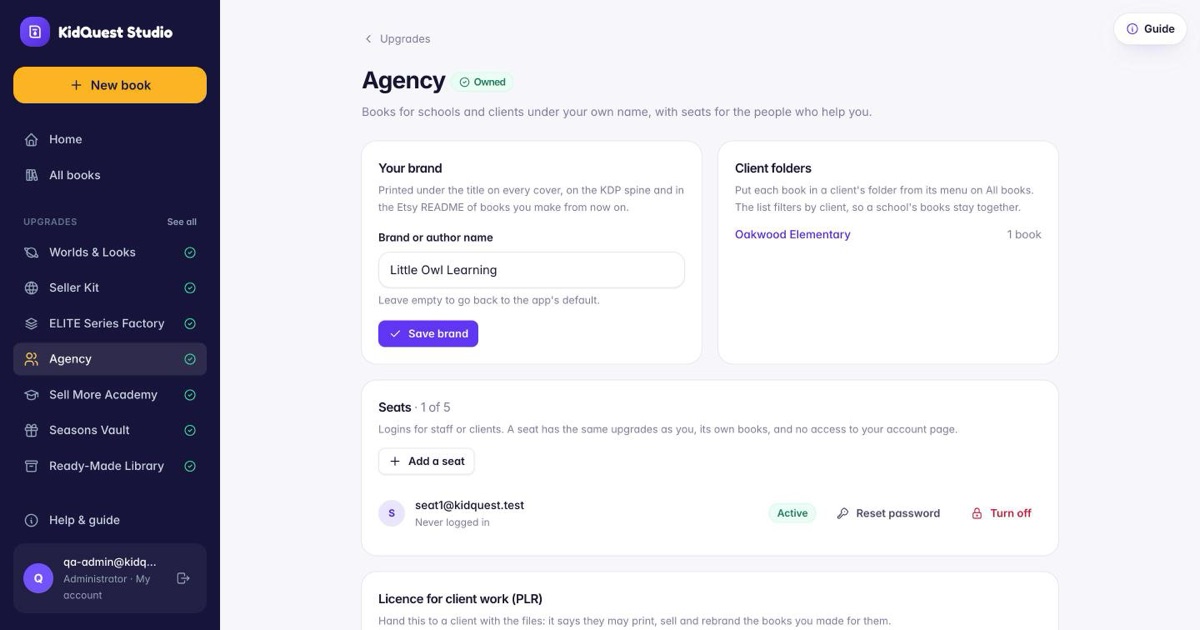 Agency: brand line, client folders, seats.