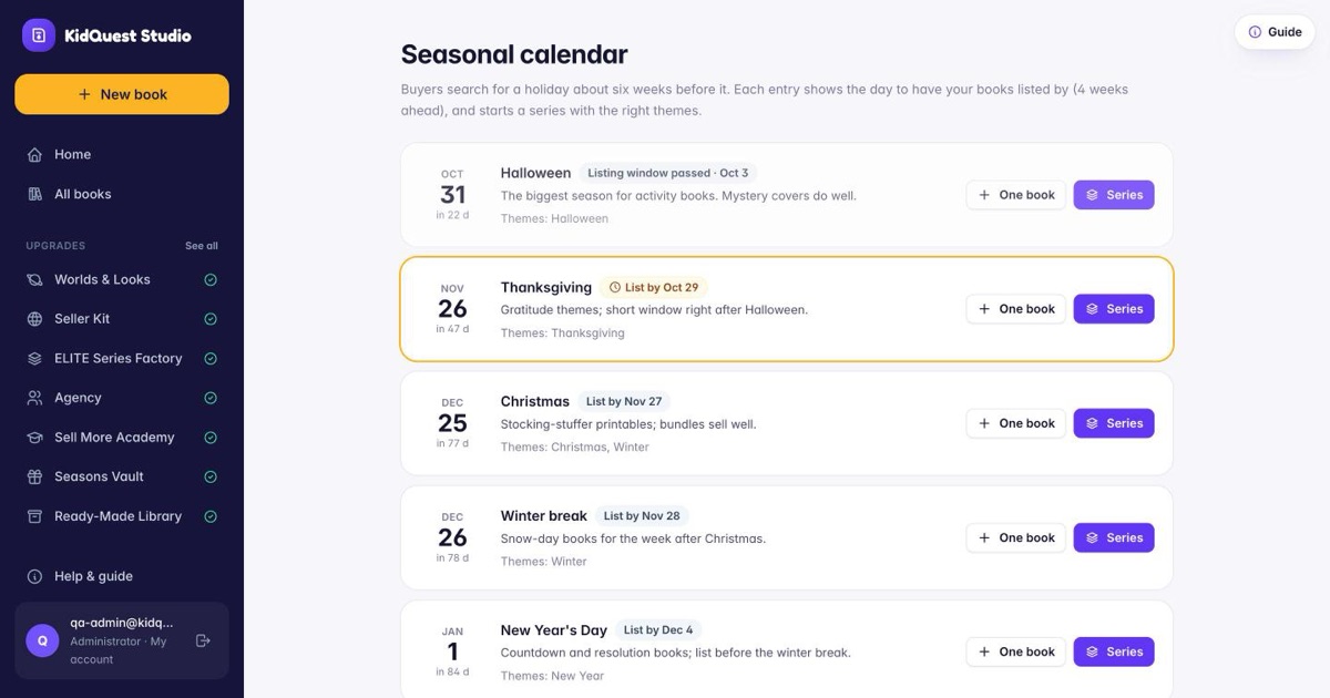 The seasonal calendar with list-by dates and series buttons.