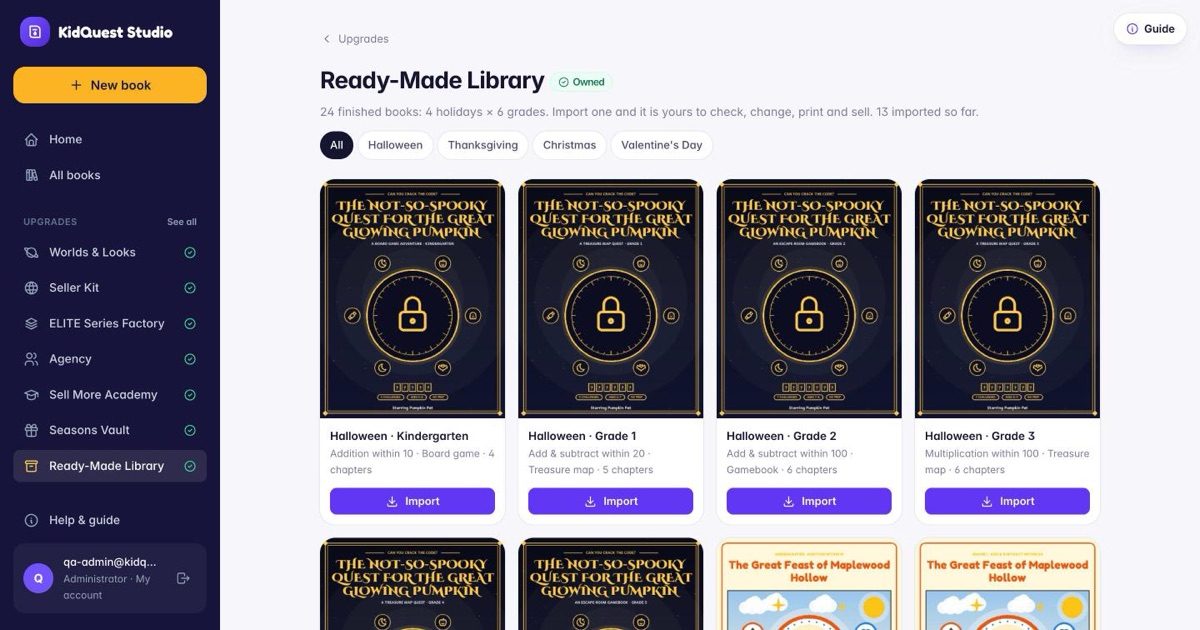 The Ready-Made Library page: 24 books with covers, filtered by holiday
