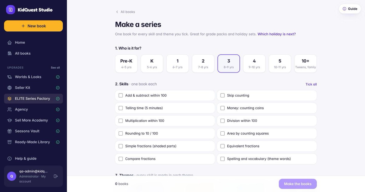 The Make a series page: one grade, tick the skills and the themes