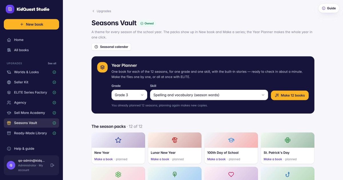 The Seasons Vault page: Year Planner and the twelve season packs